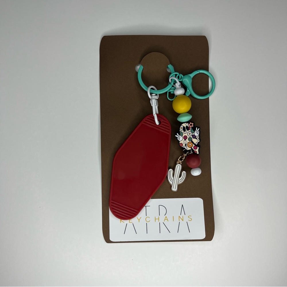 Burgundy Motel Tag Keychain with Cactus Charm and Flower Ghost Silicone Beads